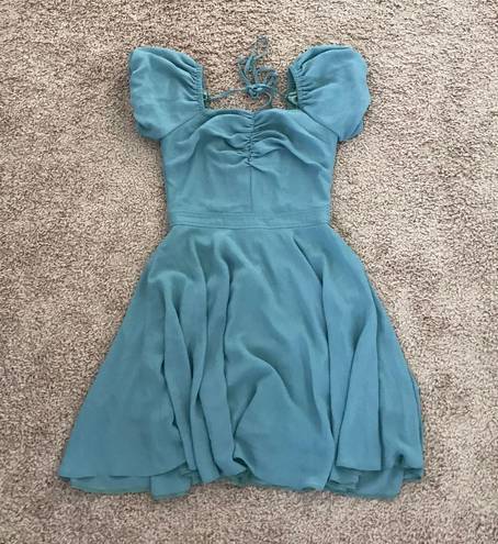 Tie Back Puff Sleeve Flowy Dress Blue