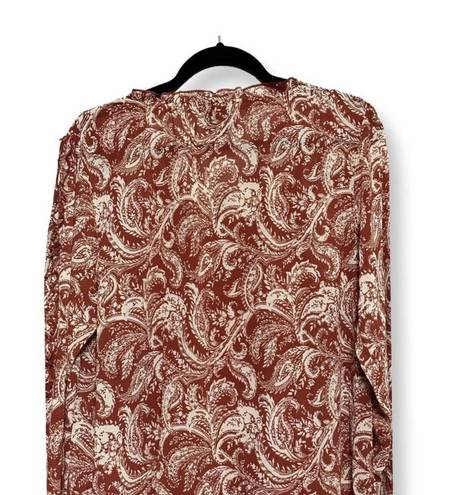 Bobeau Womens Blouse Brown White Paisley Long Sleeve Tie Keyhole Lined L New