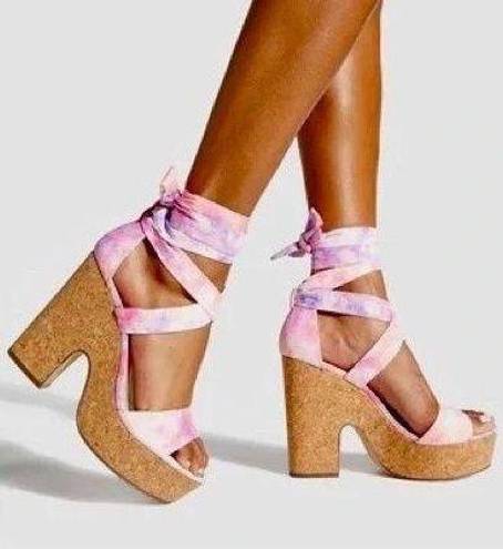 Shoedazzle Watercolor tie dye cork lace up wedges 