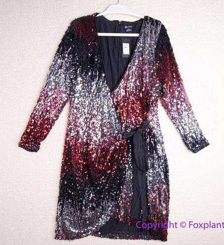 City Chic NEW  Irresistible Sequin Long Sleeve Faux Wrap Dress, red silver, 18