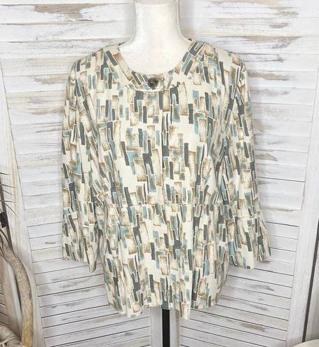 J.Jill  Women's XL Silk Pleated Crop Blazer Jacket Abstract Print Ivory Blue