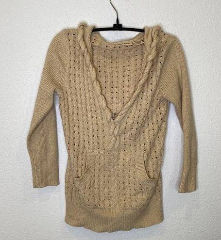 DKNY  Beige Cable Knit V-Neck Hooded Sweatshirt EUC Sz Sm Cotton Pullover