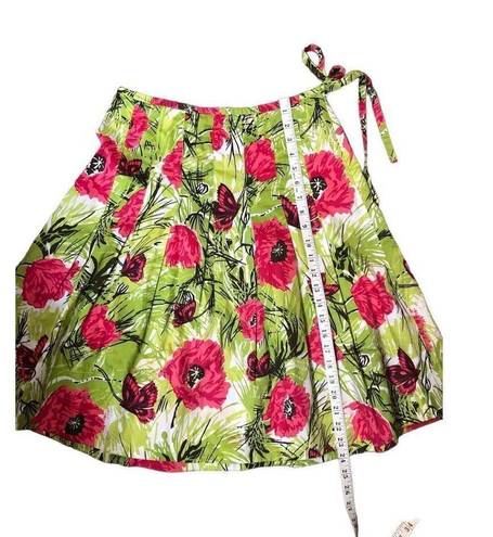 Talbots  Poppy Butterfly Floral Green and Red Pleated Cotton Skirt 4P