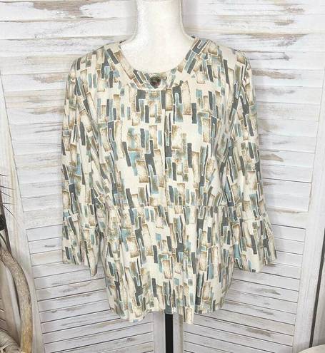 J.Jill  Women's XL Silk Pleated Crop Blazer Jacket Abstract Print Ivory Blue