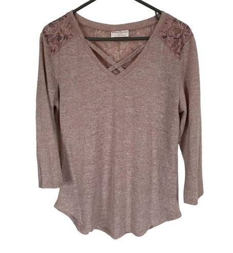 Brooks bobbie  women's large 3/4 sleeve v-neck dusty rose soft top with lace