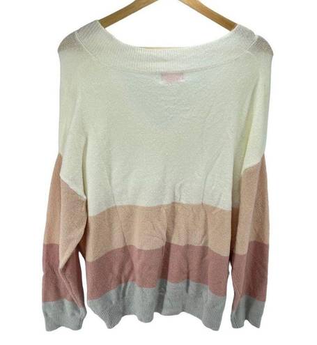 Pink Lily  striped Pullover Sweater Long Sleeve V Neck Color Block Beige Large NW