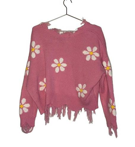 Daisy Just Polly Pink  Flower Cropped Raw Hem Distressed Sweater Size Medium