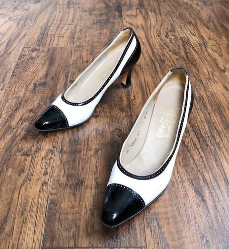 Salvatore Ferragamo Ferragamo • vintage heels pumps cap toe two tone black white patent leather