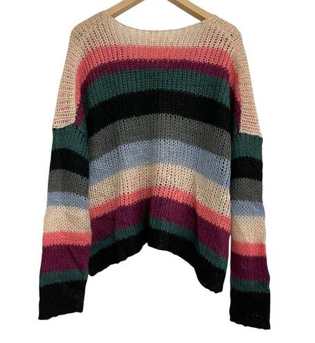 Elan  Sweater Pullover V Neck Stripe Multi Color Cozy Comfy Size Large