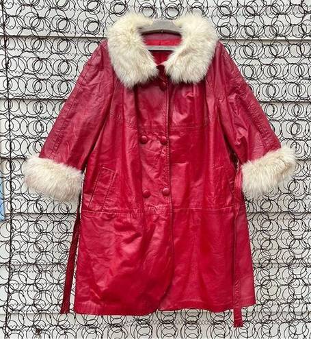 ma*rs Vint 60s 70s Red Leather & Silver Fox Fur Collar  Claus Christmas Trench Coat