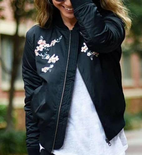 American Eagle Floral Embroidered Black Puffer Bomber Jacket