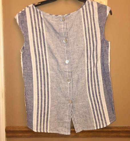 Max Studio Linen Blend Stripe Button back Top Blue White Small