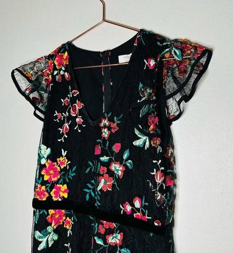 Hunter Bell  Black Floral Printed Lace Flutter Sleeves V-Neckline Midi Dress 10