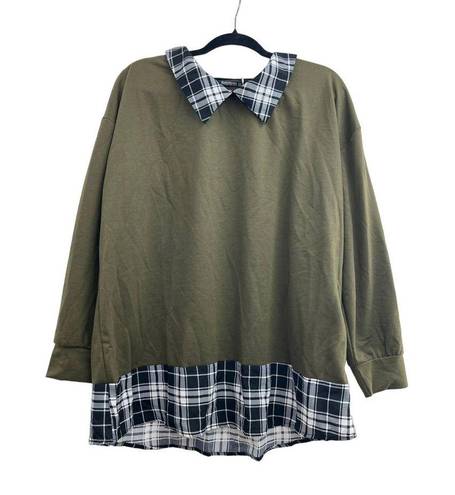 Bloomchic Sweatshirt w/ Plaid Hem and Collar Olive Size 18