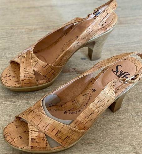 Sofft Women's Open Toe Slingback Stacked Heels Cork Leather Size 8.5 NEW Portia