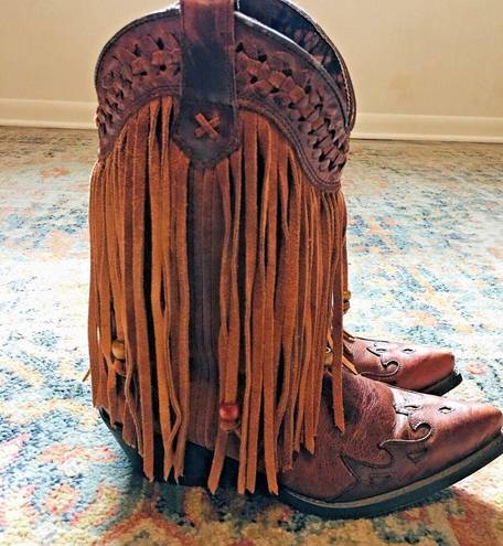 Dingo  Brown Leather Cassidy Cowboy Western Fringed Braided Wood Beads Boots 8