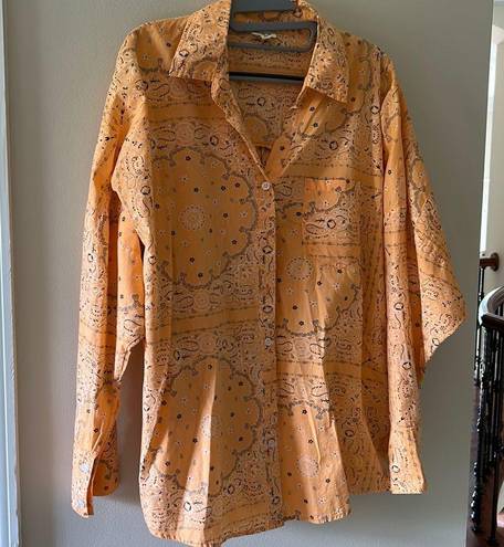 POL  Western Bandana Paisley Print Orange Ling Sleeve Button Down Oversized Shirt