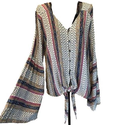 fab'rik fab’rik multi color boho bell sleeve tie front Top size Small