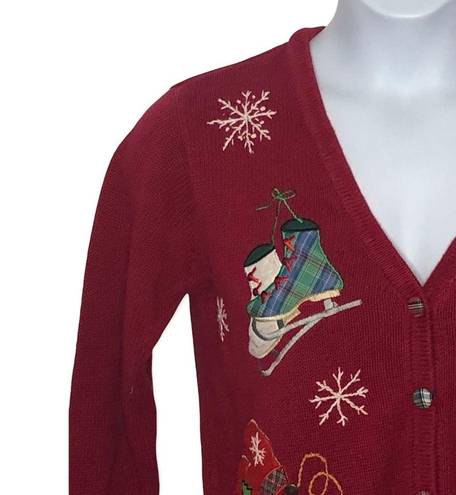 Basic Editions  Vintage Holiday Ice Skate Print Christmas Sweater Cardigan Small