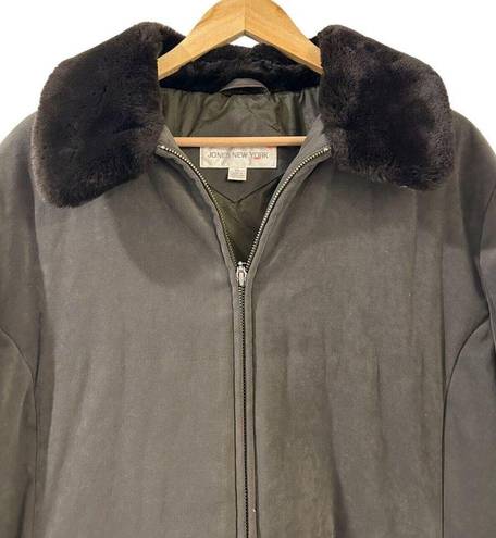 Jones New York  Jacket Womens XL Gray Green Microfiber Full Zip Faux Fur