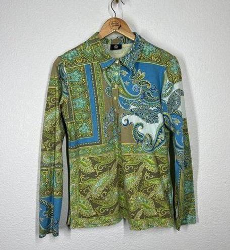 Polo Bogner Paisley Print Long Sleeve  Shirt Large L 3/4 Button Front Green Blue