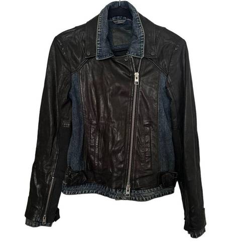 ALLSAINTS  Leather Jacket Biker Blue Denim Black Leather Jacket Size 4