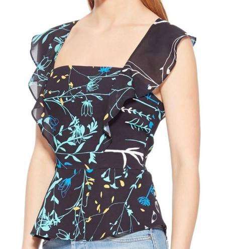 Parker  Jess Floral Print Peplum Top Navy Blue Ruffle Sleeveless Women’s Small S