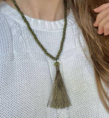 American Vintage Vintage “Ophelie” Green Crystal Tassel Feather Necklace Olive Emerald Rhinestone