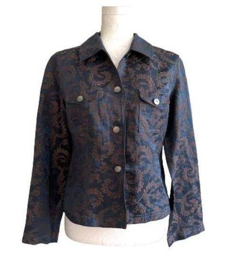 J.Jill  Jacket Top Blue Brown Scroll Linen Silk Blend Lightweight Jacket Size 4