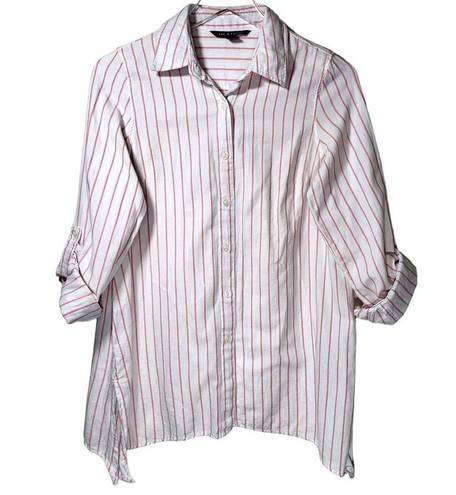 Zac and Rachel  Striped Collared Button Up Roll Tab Sleeves Top in Pink/White