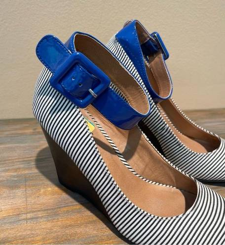 mix no. 6  Striped Wedge Heels Blue White Party Ankle Straps Womens 7