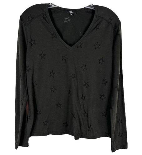 Rails  Medium Top Black Sheer Star Print Long Sleeve V Neck Cotton Women 1581