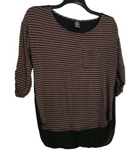 Bobeau  Black/Brown Striped Top With Sheer Back - Size Small - Roll Tab Sleeves