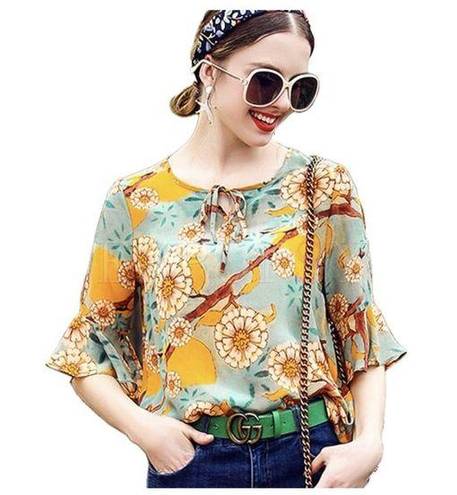 Mulberry Lonyuash 100%  Silk Floral Sheer Flare Cutout Sleeves Front Tie Blouse S