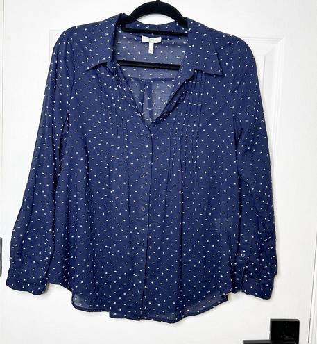 Joie  Marvella Navy Blue White Textured Polka Dot Pleated Button Down Size S