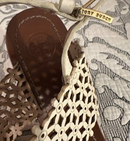 Tory Burch  Cork Sandals Wedge Ivory Perforated Leather Daisy