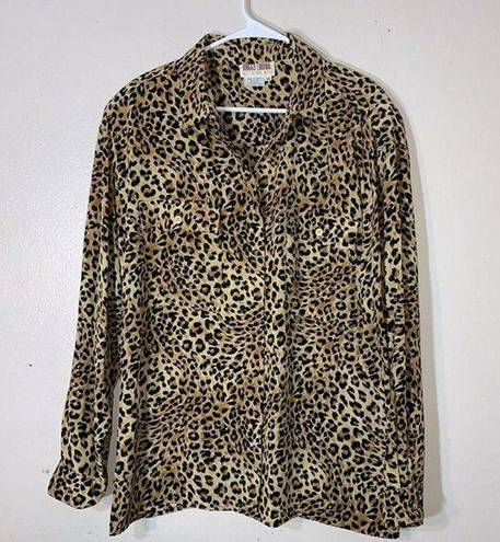 Maggy London Vintage  100% Silk Blouse Brown Animal Print Button Down Size 14