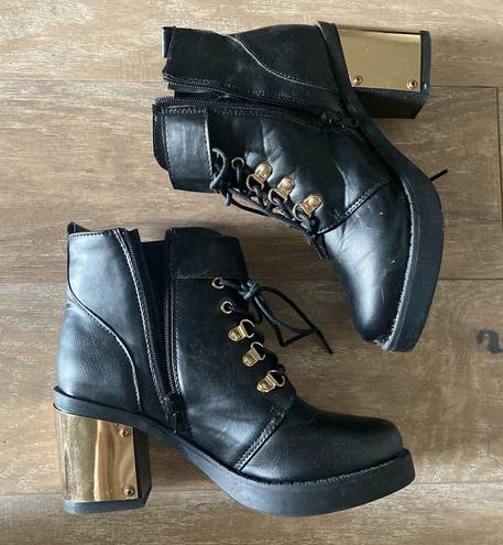 Boohoo gold plate lace up black combat boots 7