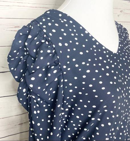 Carmen Marc Valvo  Navy Blue Polka Dot Puff Sleeve Blouse Size Small