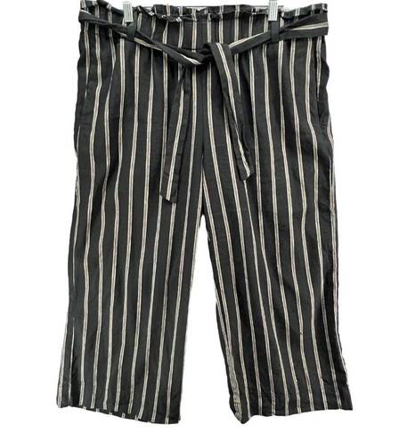 J.Jill  Pants Womens L Black Tan Stripe Linen Stretch Crop Wide Leg Paper Bag Tie