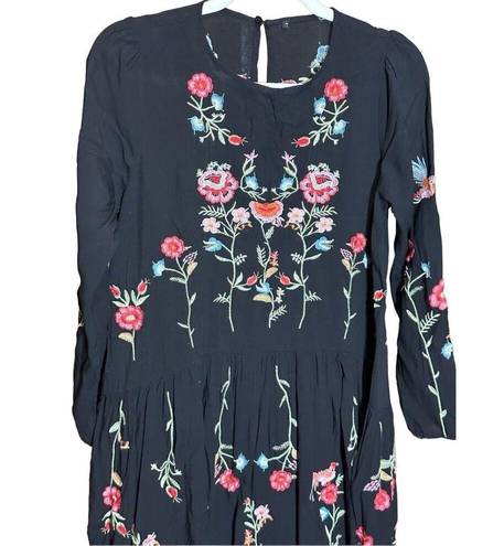 Wish Chic  Women's Relaxed Floral Embroidered Black Drop Swing Dress Tunic Sz M