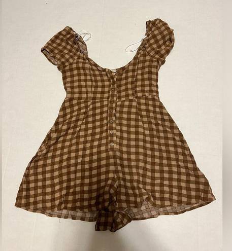 Urban Outfitters  Pocketful of Sunshine Brown Gingham Puff Sleeve Romper size S