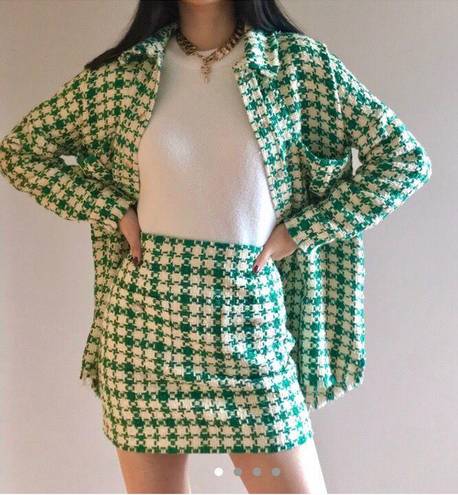 ZARA Green White Bejeweled Knit Plaid Mini Skirt