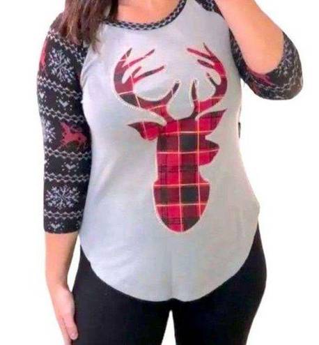 No Bo  Christmas Plaid Deer Tops size X-Large 15/17 grey 3/4 long sleeve holiday