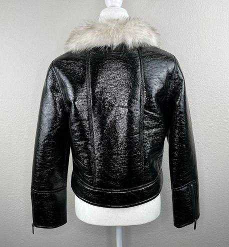 Unreal Fur Wet Look Aviator Biker Jacket Faux Leather & Fur Black Size Small NWT