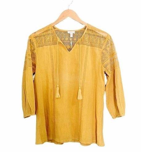 Garnet Hill NWT  Top Organic Cotton Lace Trim Peasant Blouse Yellow Womens Size 2