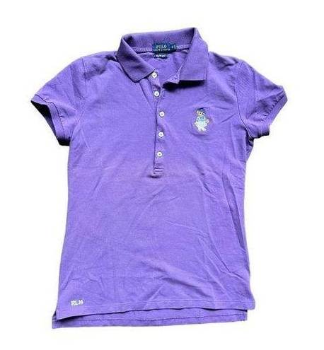 Polo  Bear Embroidered Bear Purple Casual Button Top Size Medium