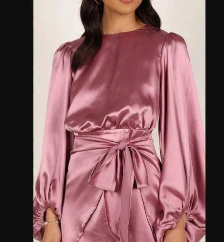 Petal and Pup  Opal Mauve Purple Satin Long Balloon Sleeve Wrap Mini Dress 4