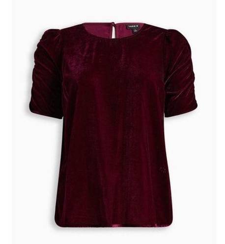 Torrid  Wine Red Crushed Velvet Ruched Caterpillar Short Sleeve Blouse Top