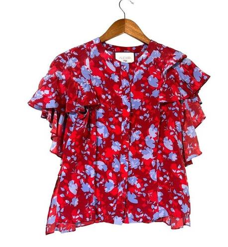 Alexis  Danijela 100% Silk Red Floral Button Front Cape Blouse Size Small